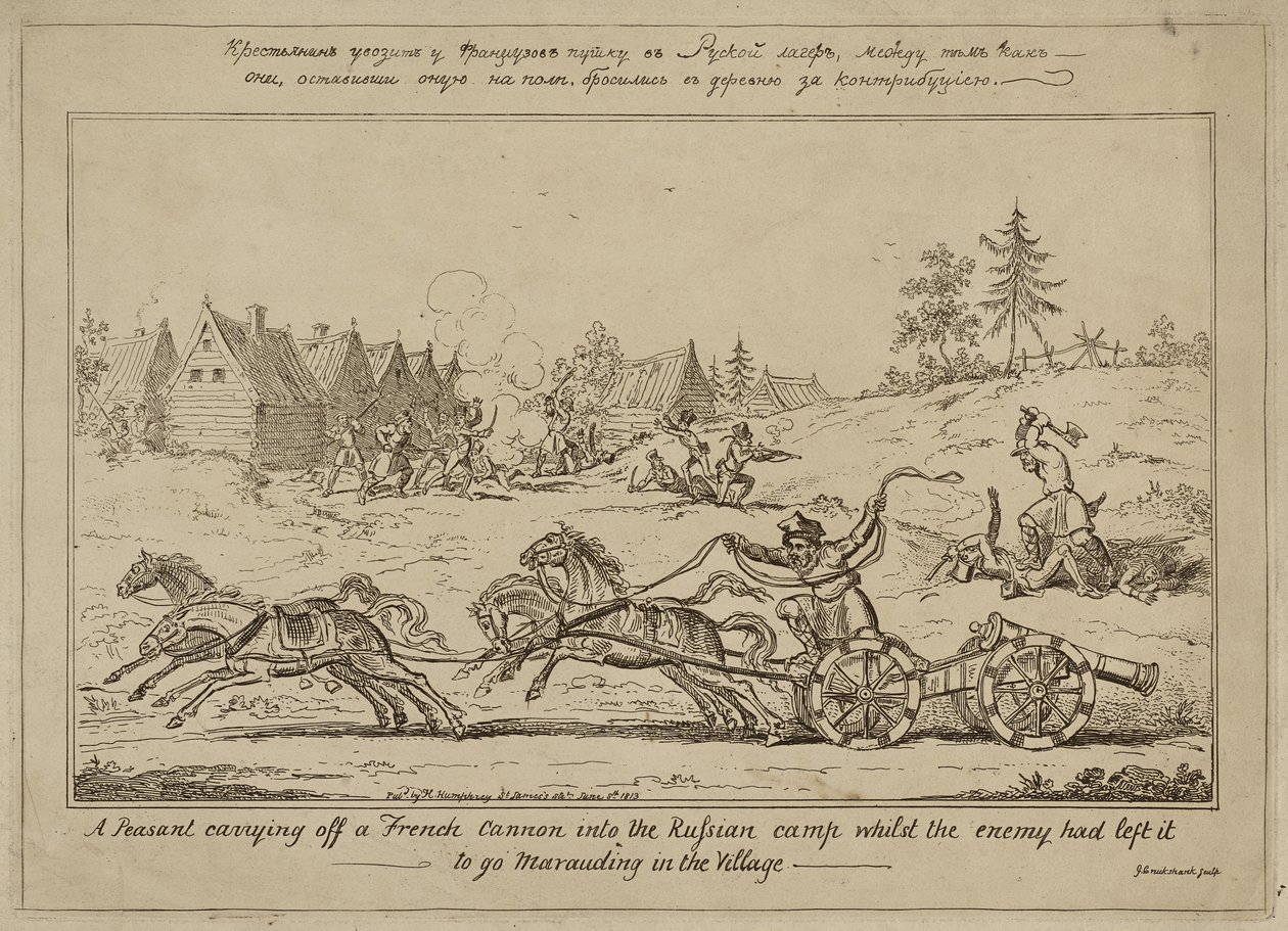 Egy paraszt, aki egy francia ágyút vitt be az orosz táborba, miközben az ellenség elhagyta, hogy portyázzon a faluban, 1813. június 8-án alkotó: George Cruikshank