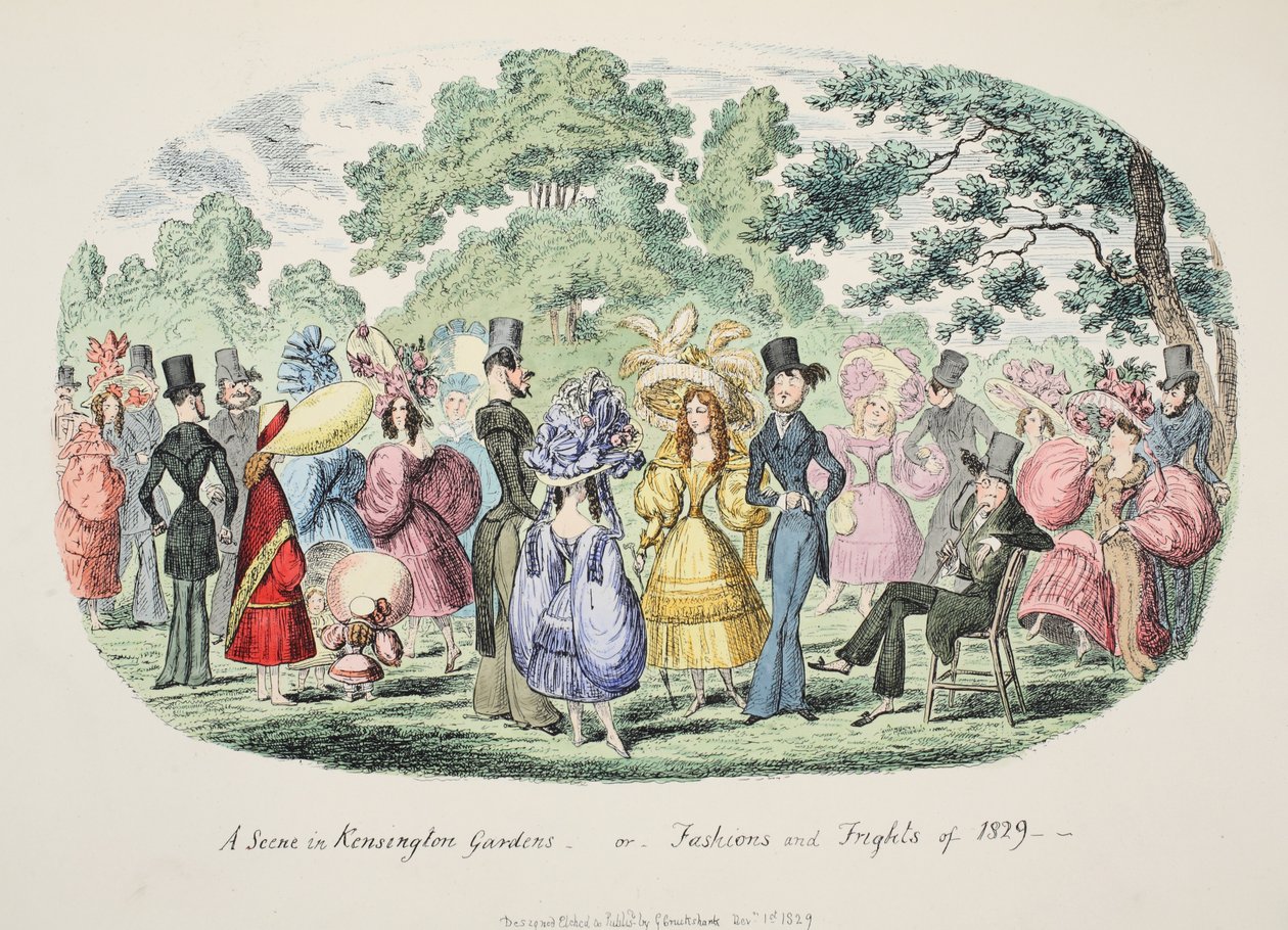 Jelenet a Kensington Gardensben – avagy – 1829 divatjai és félelmei, kocsma. 1829 (kézzel színezett metszet) alkotó: George Cruikshank