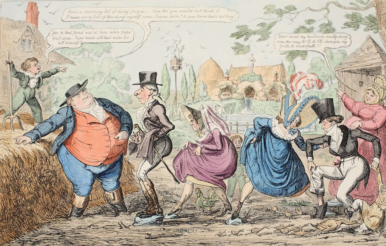 Látogatás a Cockney Farmon - A terület megtekintése stb. stb. stb., pub. 1835 (kézzel színezett metszet) alkotó: George Cruikshank