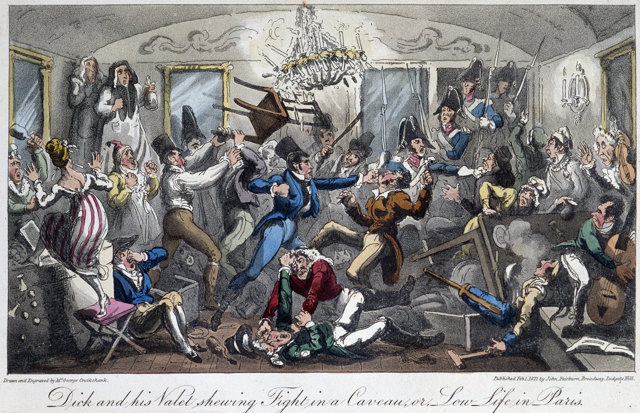 Harc a város egyik pincéjében – David Carey „Life in Paris” című filmjében, London alkotó: George Cruikshank