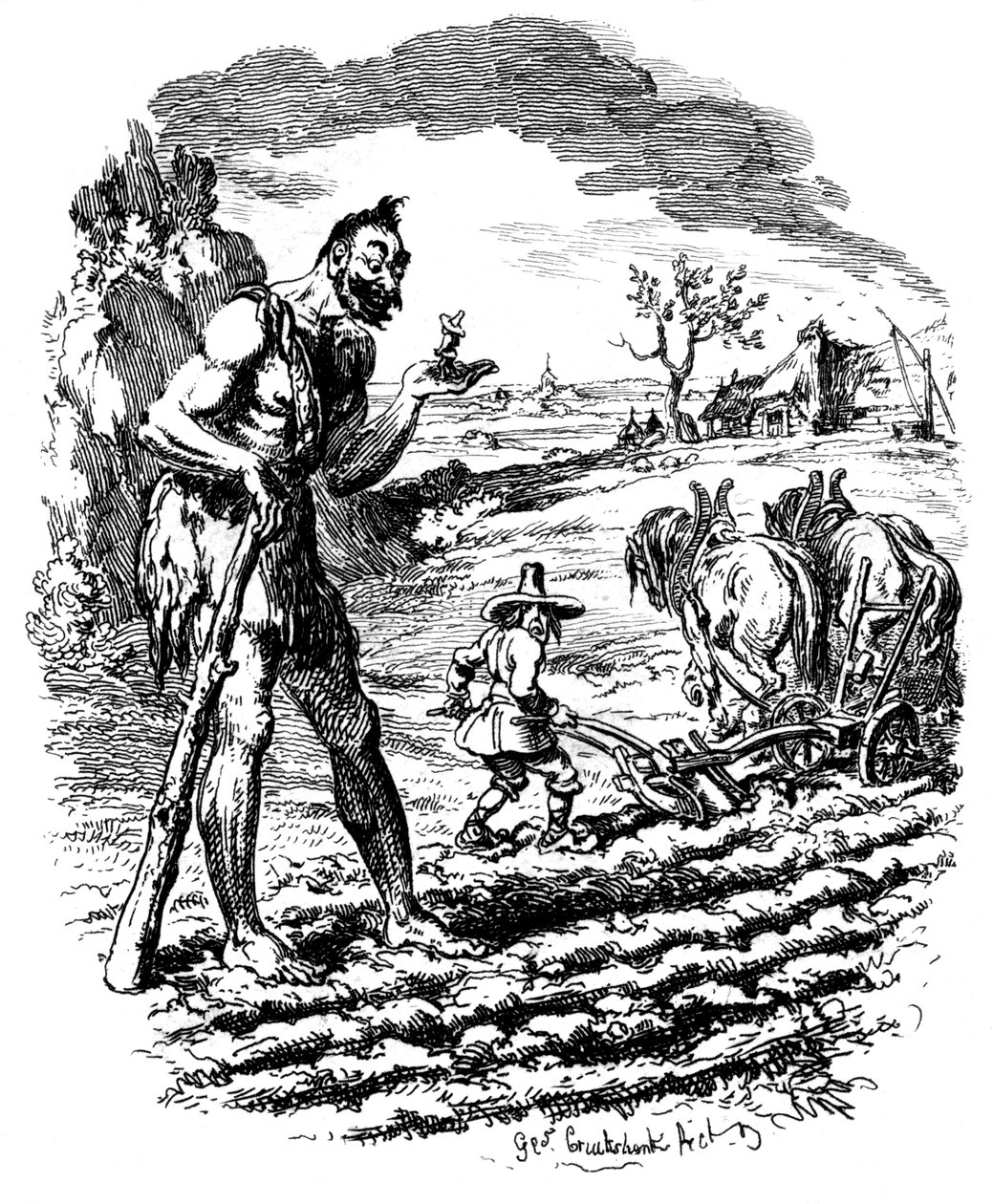 Óriás áll a mezőn, ahogy a gazda szánt, XIX. alkotó: George Cruikshank