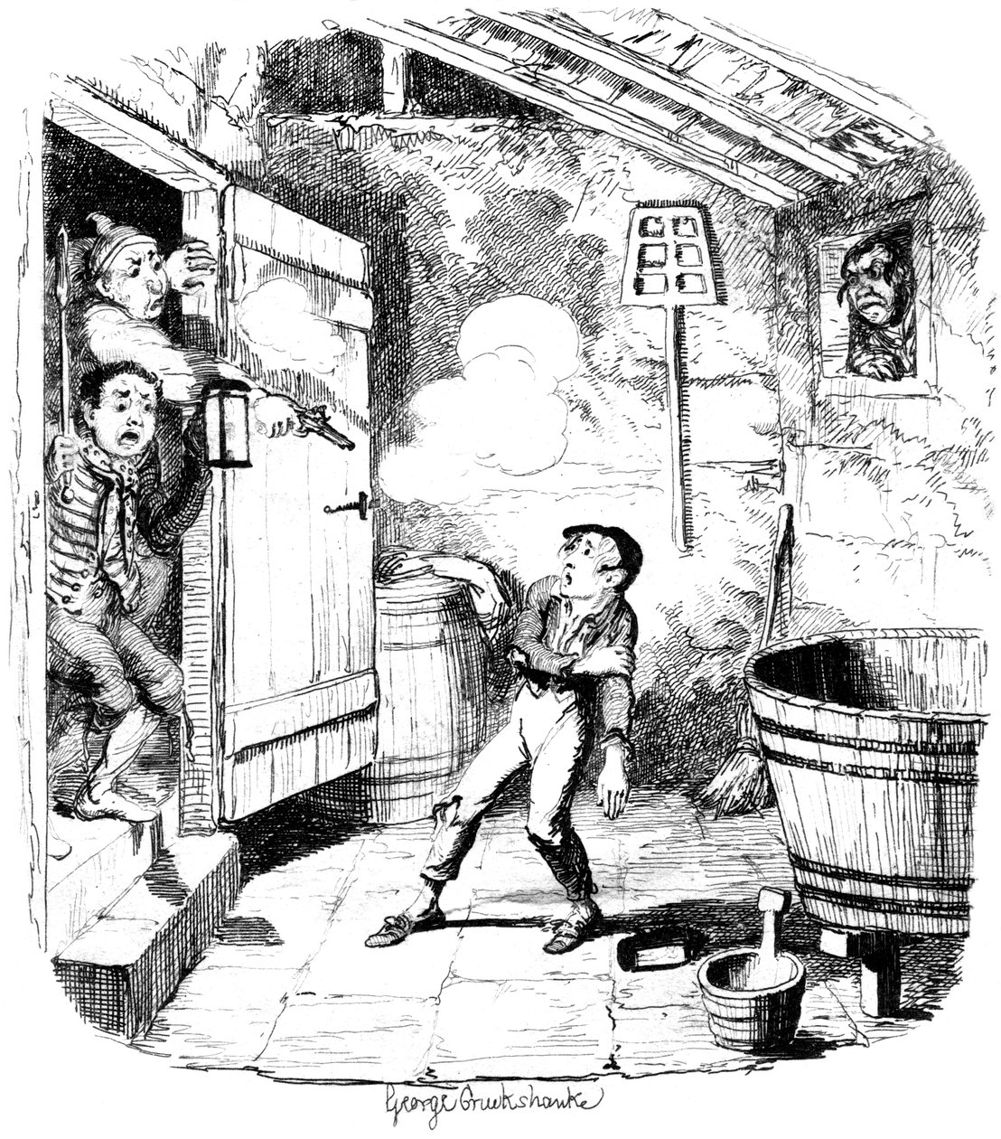 Egy férfi lelő egy fiatal fiút, akit lopással gyanúsít, XIX. alkotó: George Cruikshank