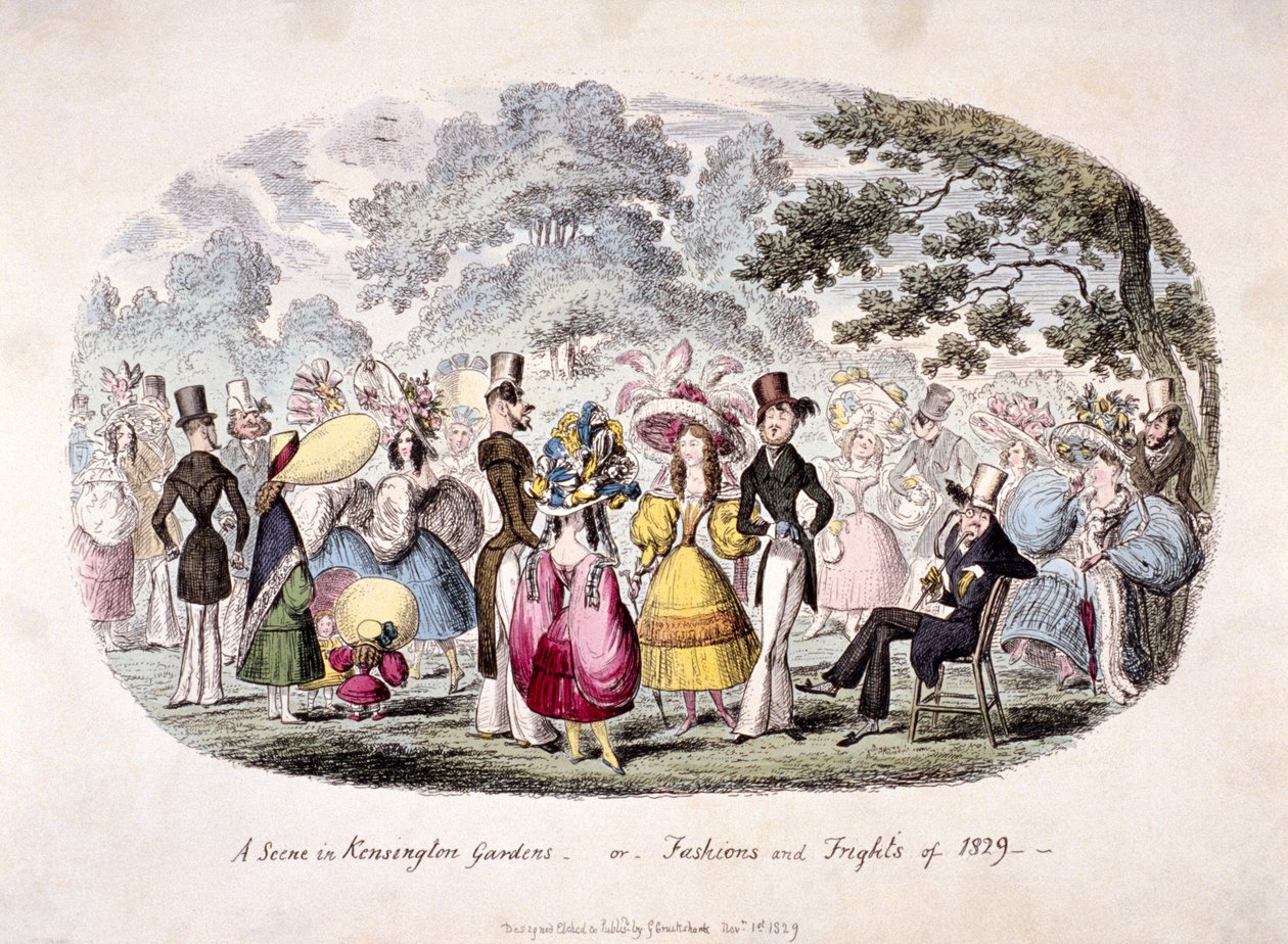 "Egy jelenet a Kensington Gardensben - avagy - divat és rémületek 1829-ben" alkotó: George Cruikshank