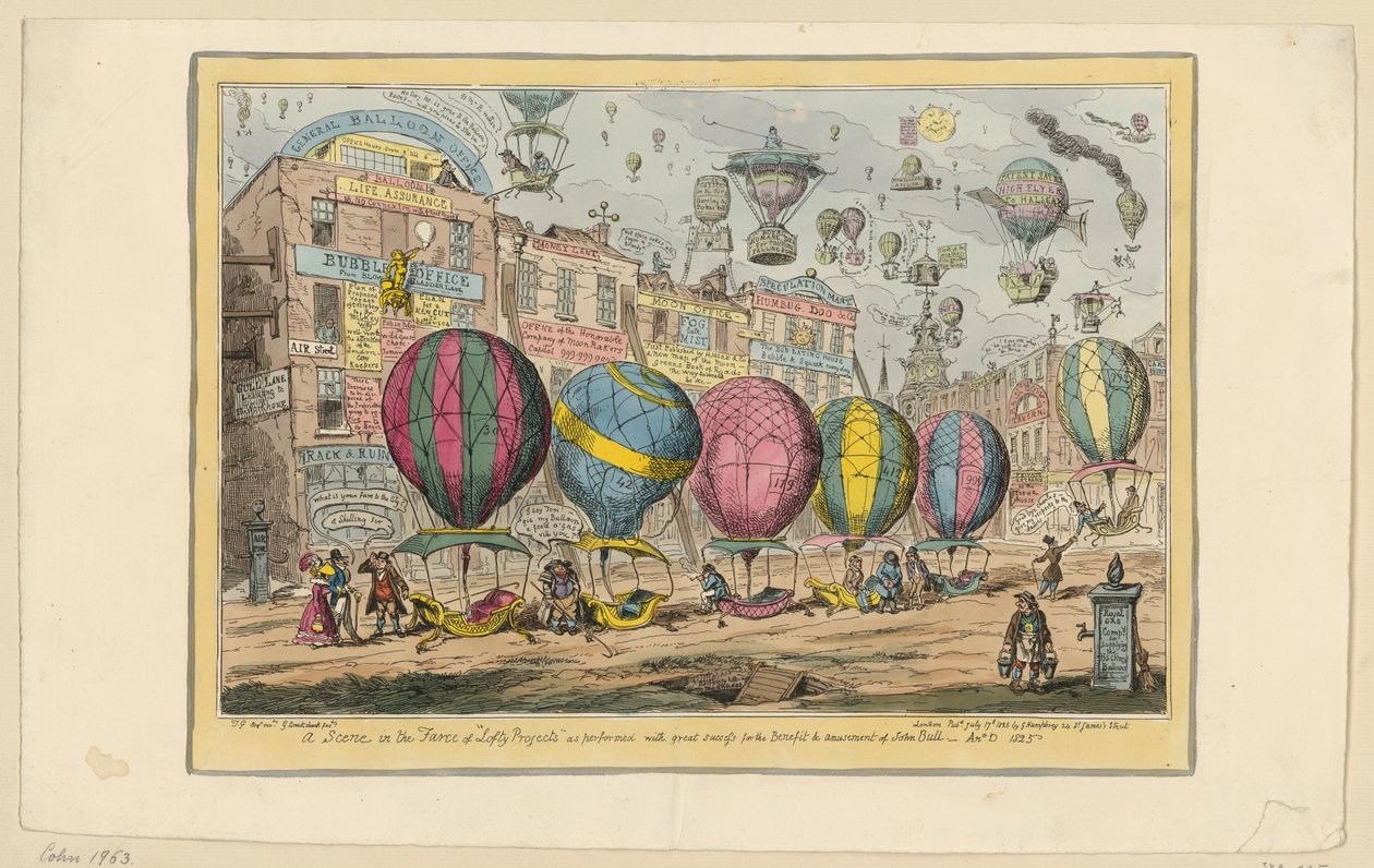 Egy jelenet a „Lofty Projects” című bohózatból, amelyet nagy sikerrel adtak elő John Bull javára és szórakoztatására alkotó: George Cruikshank