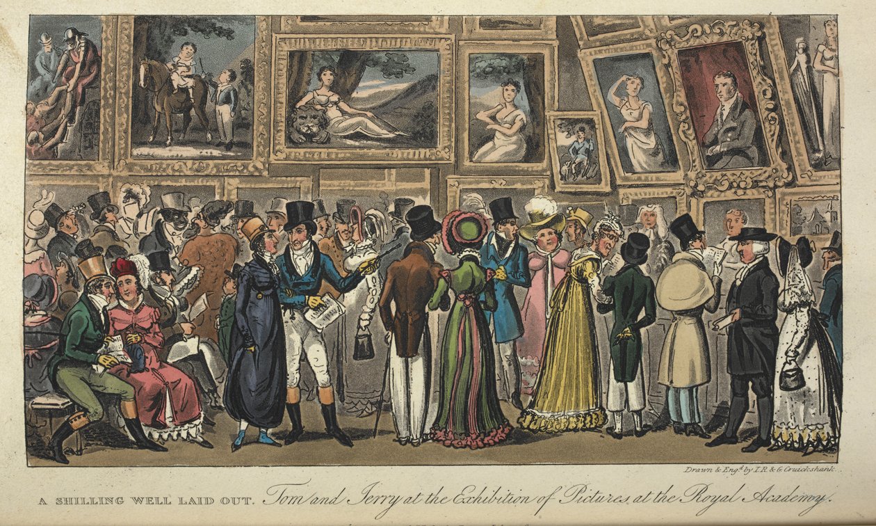 – Jól kidolgozott shilling. Tom és Jerry a Királyi Akadémia képkiállításán”, „Élet Londonban stb.”, Pierce Egan alkotó: George Cruikshank