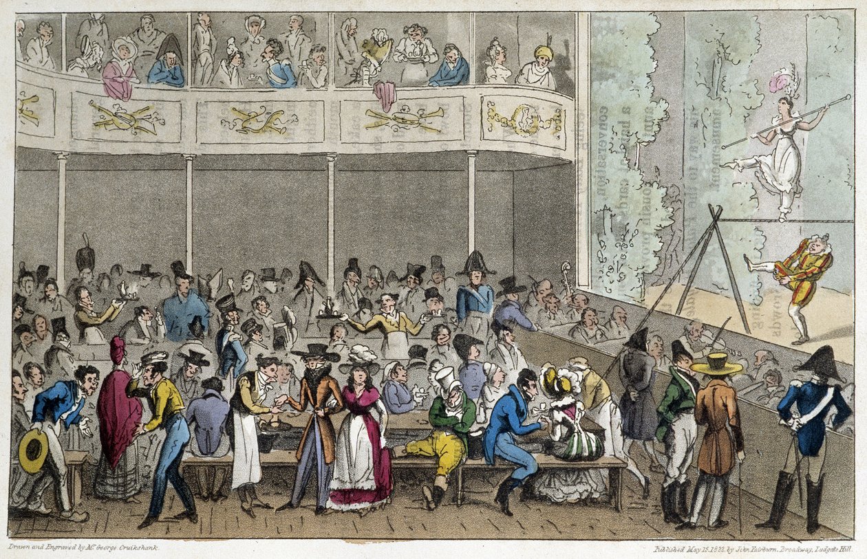 Acrobat show a Café de la Paix-ban – David Carey, London „Life in Paris” című filmjében alkotó: George Cruikshank
