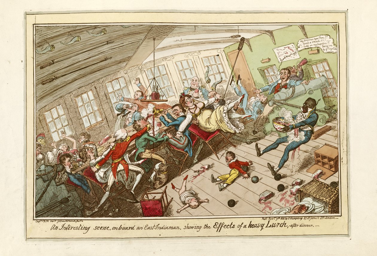 Érdekes jelenet egy kelet-indiai hajó fedélzetén, amely egy erős lökés hatásait mutatja, 1818-as kiadás (színes metszet) alkotó: George Cruikshank