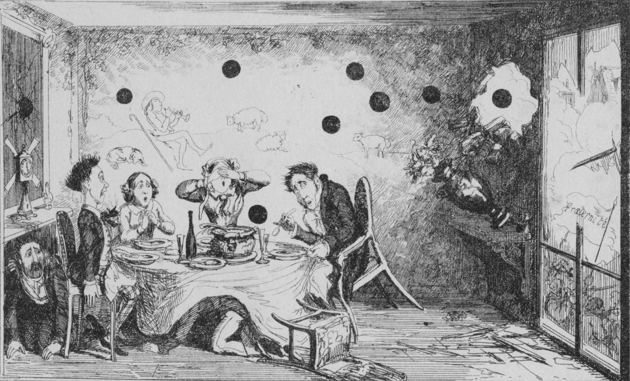 Megszakított angol vacsoraparti Párizsban, 1849. alkotó: George Cruikshank