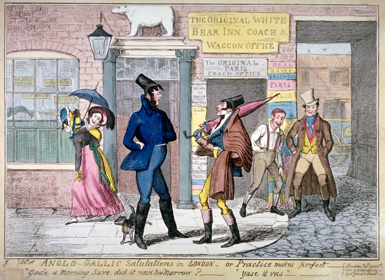 „Angol-gall üdvözlet Londonban, avagy gyakorlat teszi a mestert”, 1822. alkotó: George Cruikshank