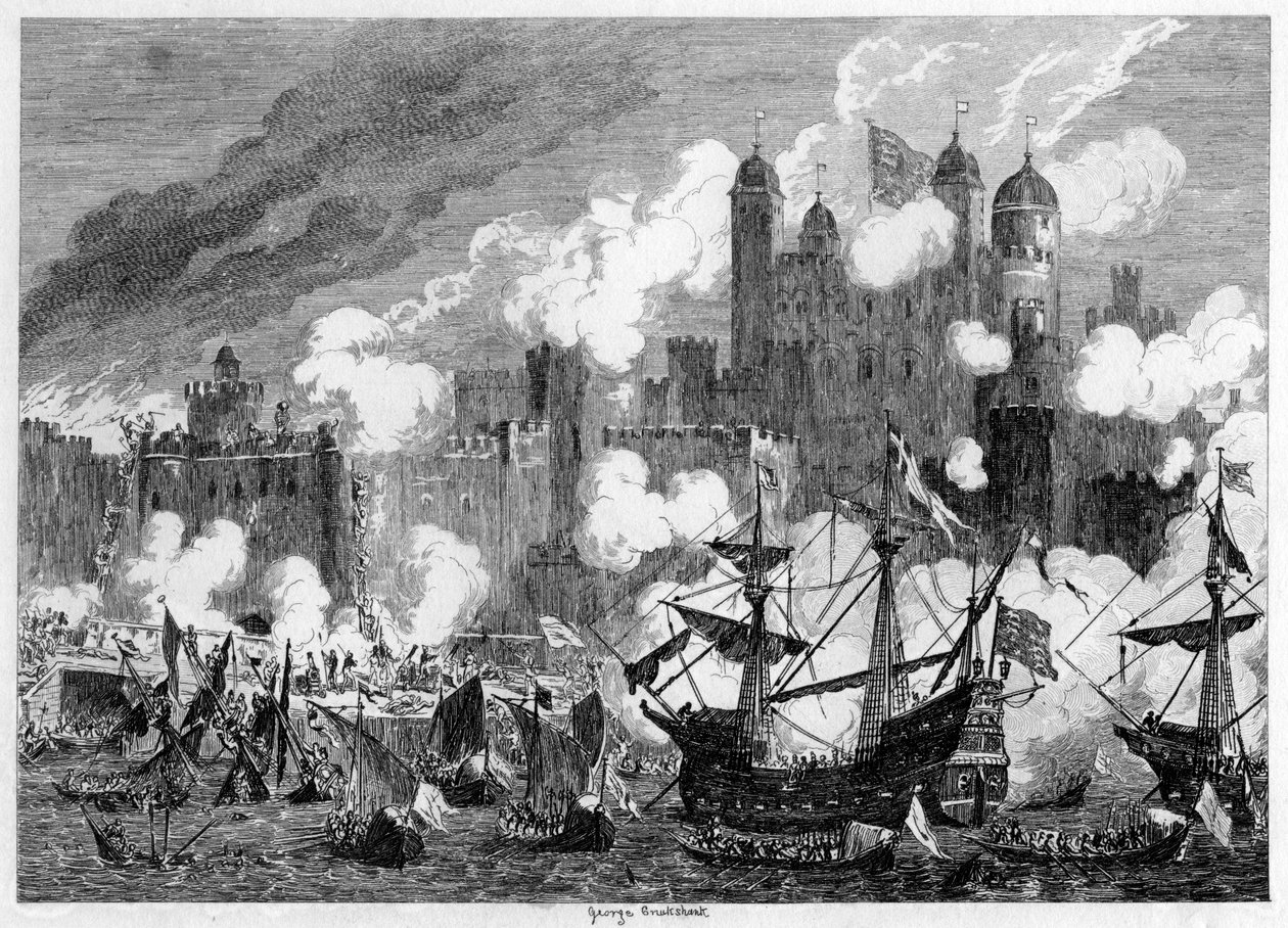 Suffolk hercegének támadása a Szent Tamás-torony ellen, 1554 1840. alkotó: George Cruikshank