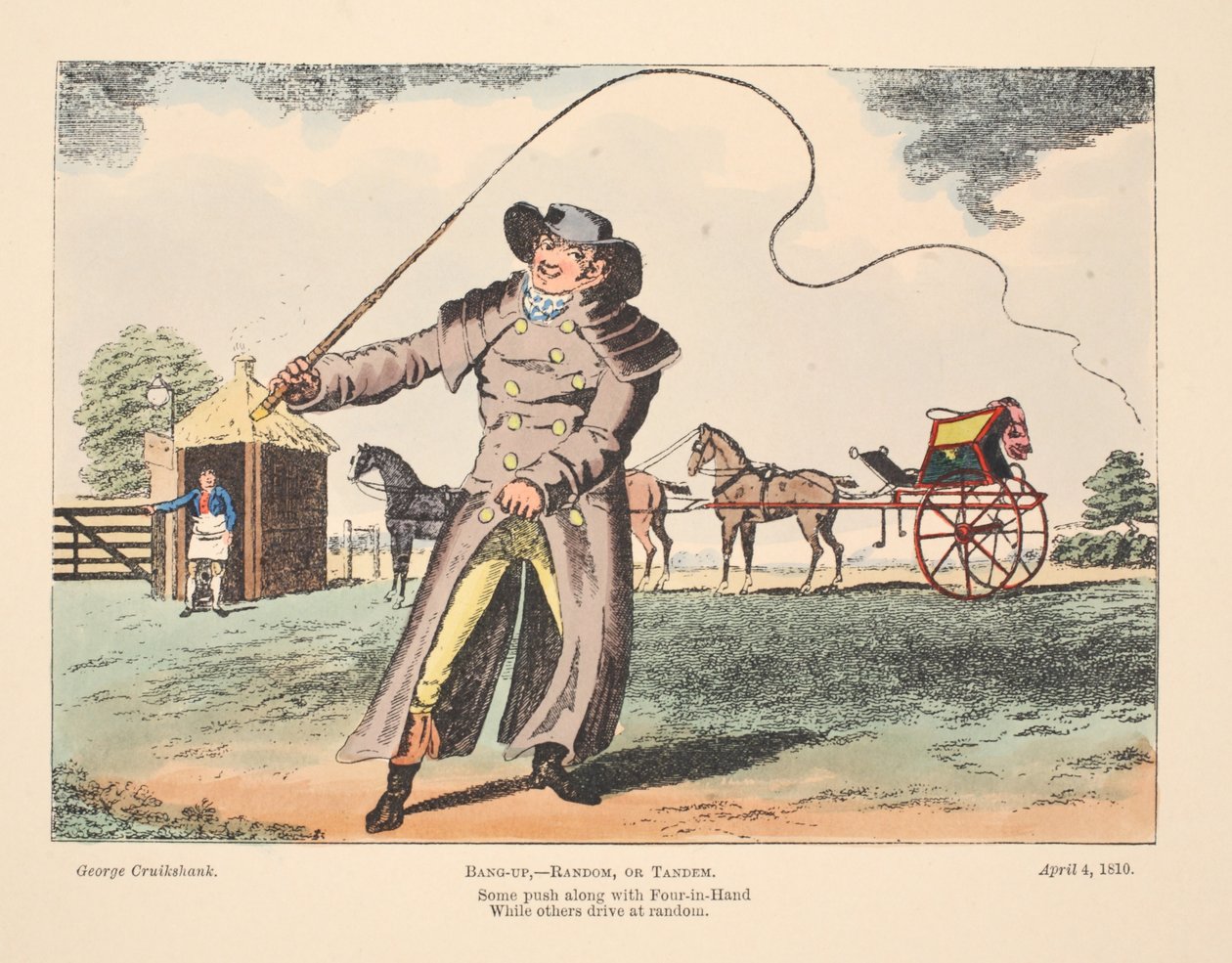Bang-Up, Random vagy Tandem, egyesek együtt nyomják a Four In Hand-et, míg mások véletlenszerűen vezetnek, 1810 (kézzel színezett gravírozás) alkotó: George Cruikshank