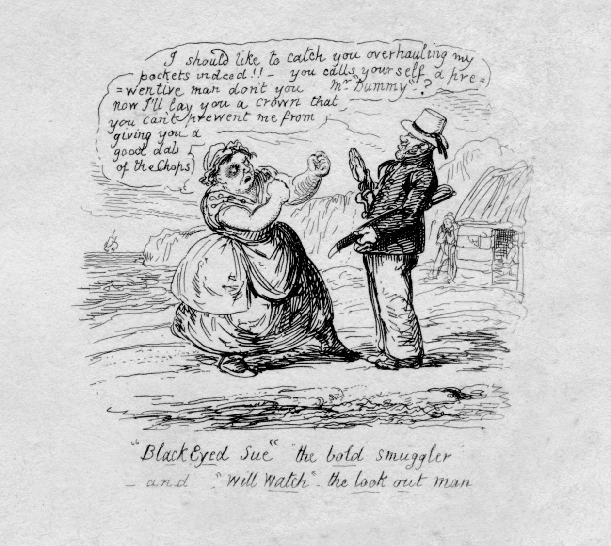 Black Eyed Sue, a merész csempész és Will Watch the vigyázz ember, 1829 alkotó: George Cruikshank