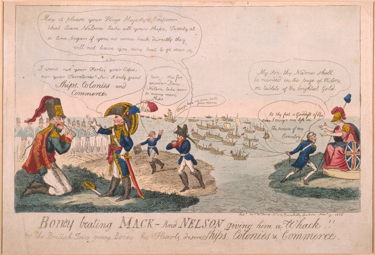Boney Beating Mack – És Nelson ad neki egy ütést!, 1805 (színes rézkarc) alkotó: George Cruikshank
