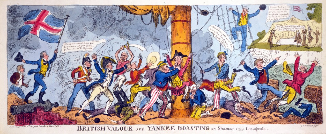 British Valor és Yankee Boasting vagy Shannon versus Chesapeake, pub. 1813 (kézzel színezett metszet) alkotó: George Cruikshank