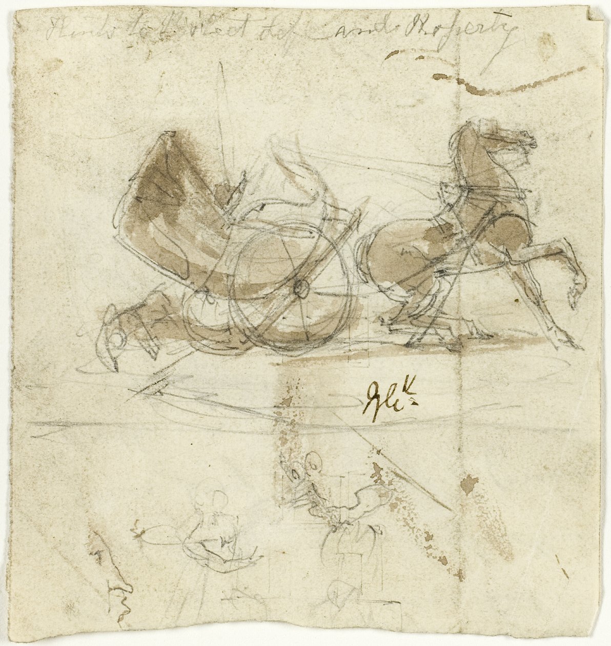 Önarckép karikatúra (recto); Ló által ledobott fülke, más vázlatokkal (verso) alkotó: George Cruikshank