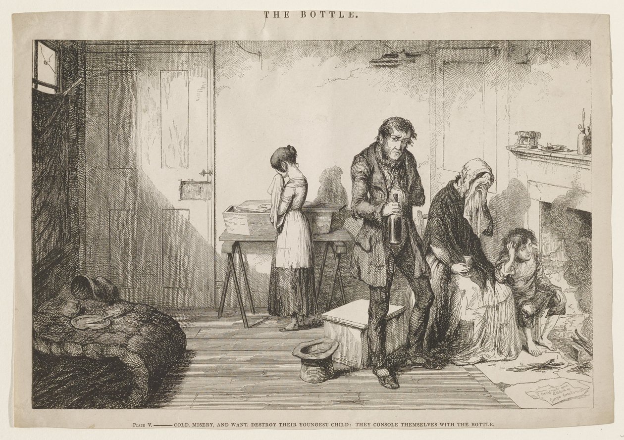 A hideg, a nyomor és az ínség elpusztítja legkisebb gyermeküket: Az üvegben keresnek vigaszt. alkotó: George Cruikshank