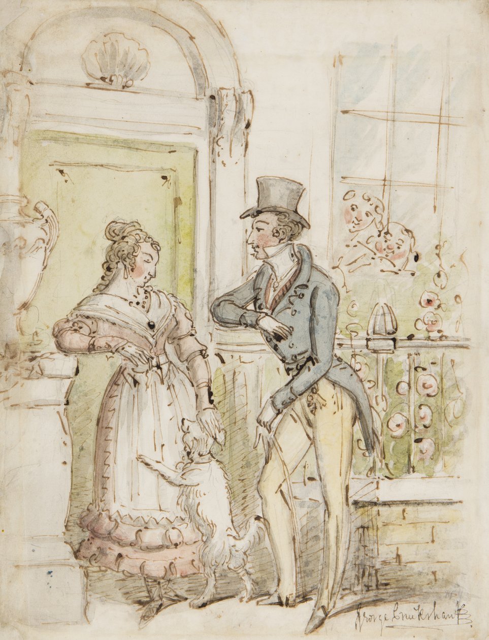 Udvarlás, 1835 körül (toll, ecset, tinta és WC papíron) alkotó: George Cruikshank