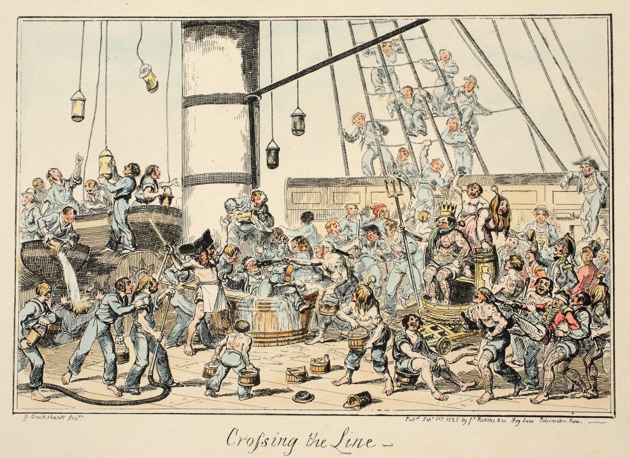 Crossing The Line, Greenwich Hospital, haditengerészeti vázlatok sorozata, Egy háborús ember életének leírása, kocsma. 1825 (kézzel színezett metszet) alkotó: George Cruikshank