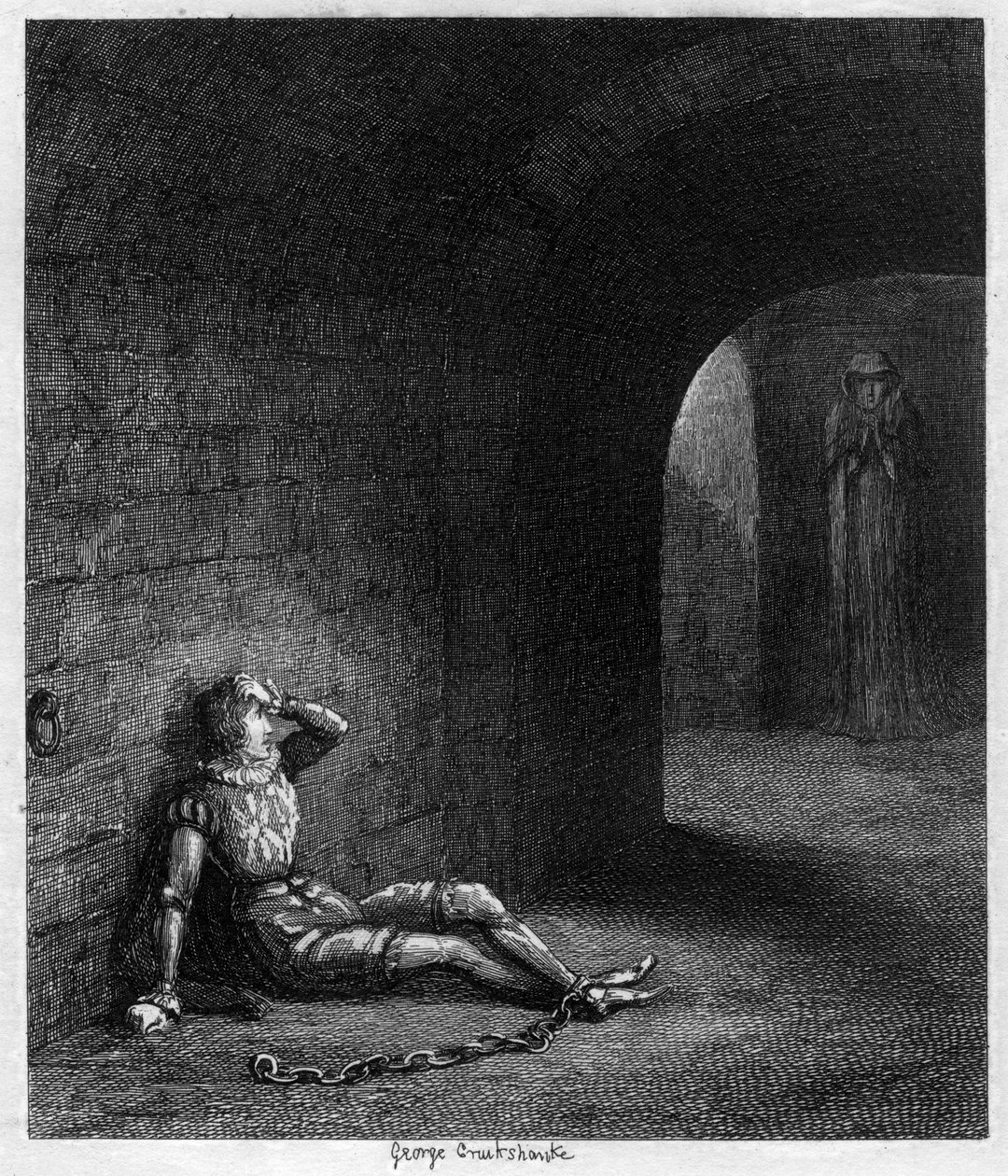 Cuthbert Cholmondeleyt meglepte egy titokzatos alak megjelenése, 1840 alkotó: George Cruikshank