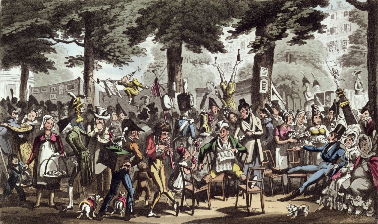 Dick Jenkins, A kapitány, Lady Halibut és Lydia az olasz körúton szórakozik, David Carey 1822-ben kiadott "Life in Paris" című művéből. alkotó: George Cruikshank