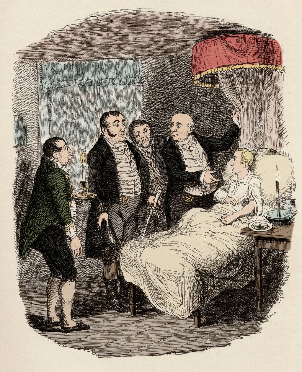 Dr. Losberne megmutatja Olivert a Bow Street rendőreinek – Olivert a Bow Street Runners várta – Illusztráció a „” Oliver Twisthez”” (Oliver) (Twist Oliver kalandjai), Charles Dickens (1812-1870), George Cruikshank (1792-1878) . alkotó: George Cruikshank