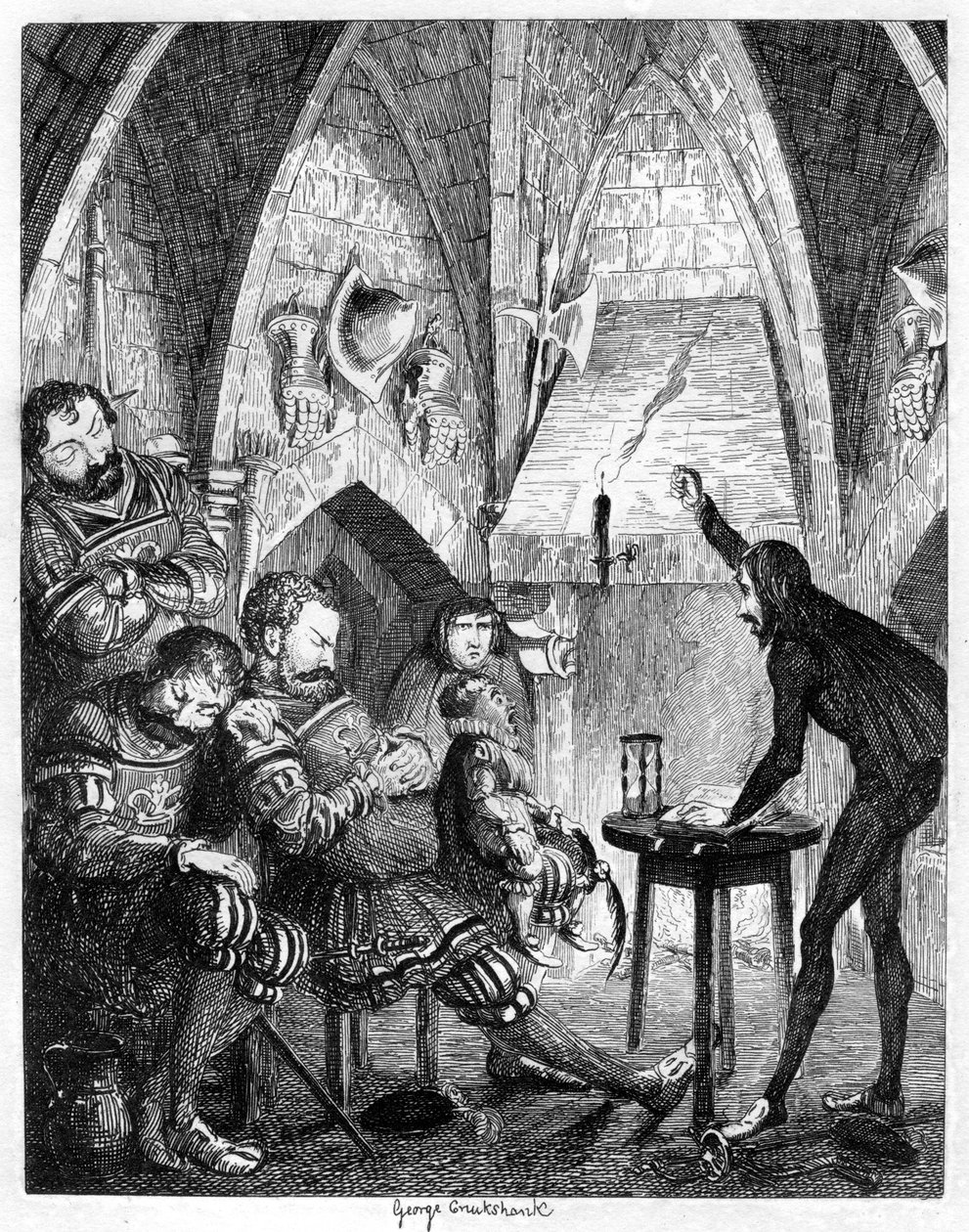 Edward Underhill, a forró evangélium hirdetője az óriásoknak prédikál a melléképületben vagy a Kaputoronyban, 1840 alkotó: George Cruikshank
