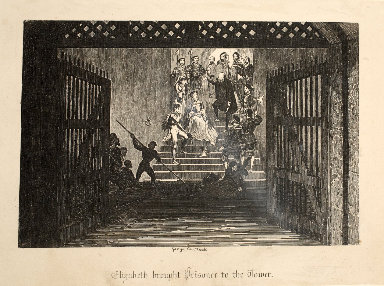 Erzsébet rabot hozott a Towerbe, a londoni Towerből, kocsmából. 1840 alkotó: George Cruikshank