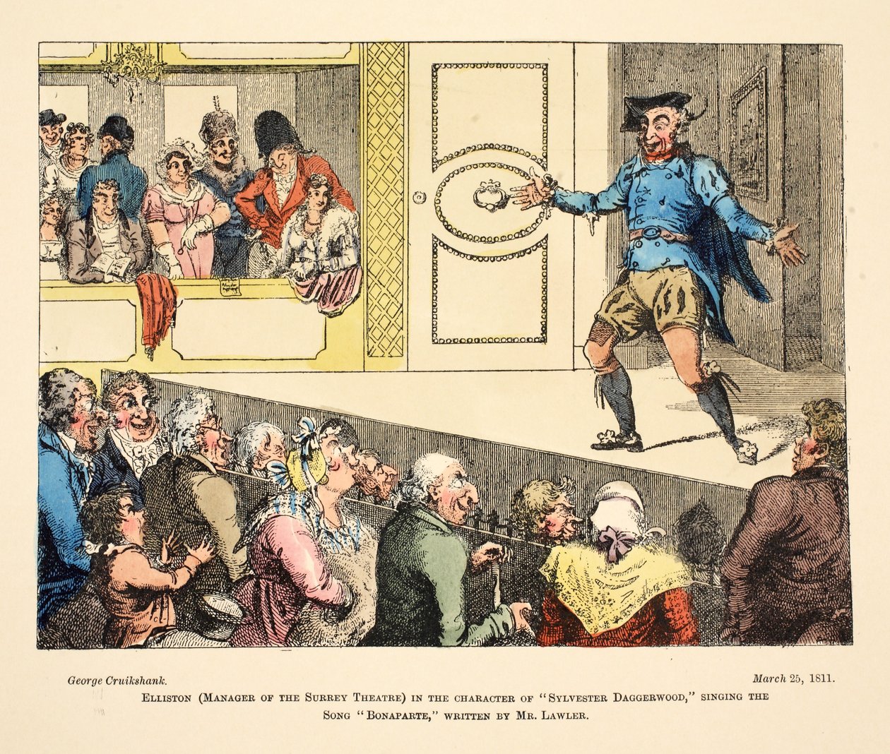 Elliston (a Surrey Színház menedzsere) „Sylvester Daggerwood” karakterében, aki a „Bonaparte” című dalt énekli, amelyet Mr Lawler írt, pub. 1811 (kézzel színezett metszet) alkotó: George Cruikshank
