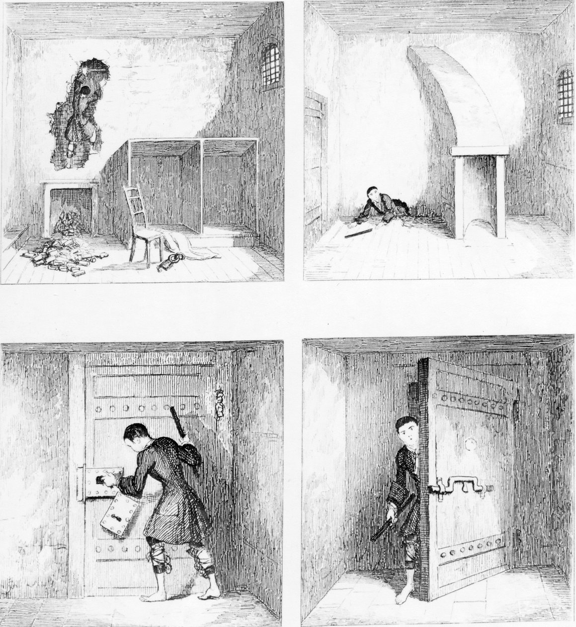 1. számú menekülés, W. H. Ainsworth "Jack Sheppard" című művéből, 1839-ben jelent meg. alkotó: George Cruikshank