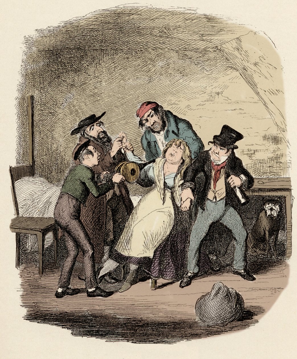 Fagin, Charley Bates, Kikes és Dawkins újraélesztése Nancy – Mr. Fagin és tanítványa újraéleszti Nancyt – Illusztráció a „” Oliver Twist”-hez” (Oliver) (Twist Oliver kalandjai), Charles Dickens (1812-1870), George Cruikshank ( 1792-1878) . alkotó: George Cruikshank