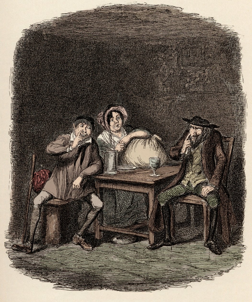 Fagin üzletel Morris Bolterrel, azaz Noe Claypole-lal és Charlotte-tal - A zsidó és Morris Bolter kezdik megérteni egymást - Illusztráció Charles Dickens (1812-1870) "Twist Olivér" (The Adventures of Oliver Twist) című regényéhez, George alkotó: George Cruikshank