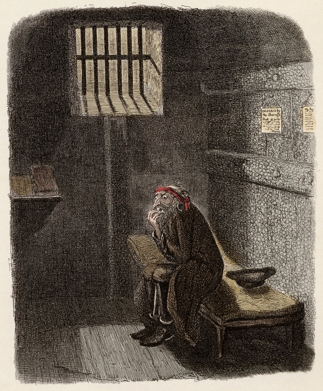 Fagin a halálraítélt cellájában - Fagin az elítélt cellában - Illusztráció a „” Oliver Twist”” (Olivier) (Twist Oliver kalandjai) számára, Charles Dickens (1812-1870), George Cruikshank (1792-1878). alkotó: George Cruikshank