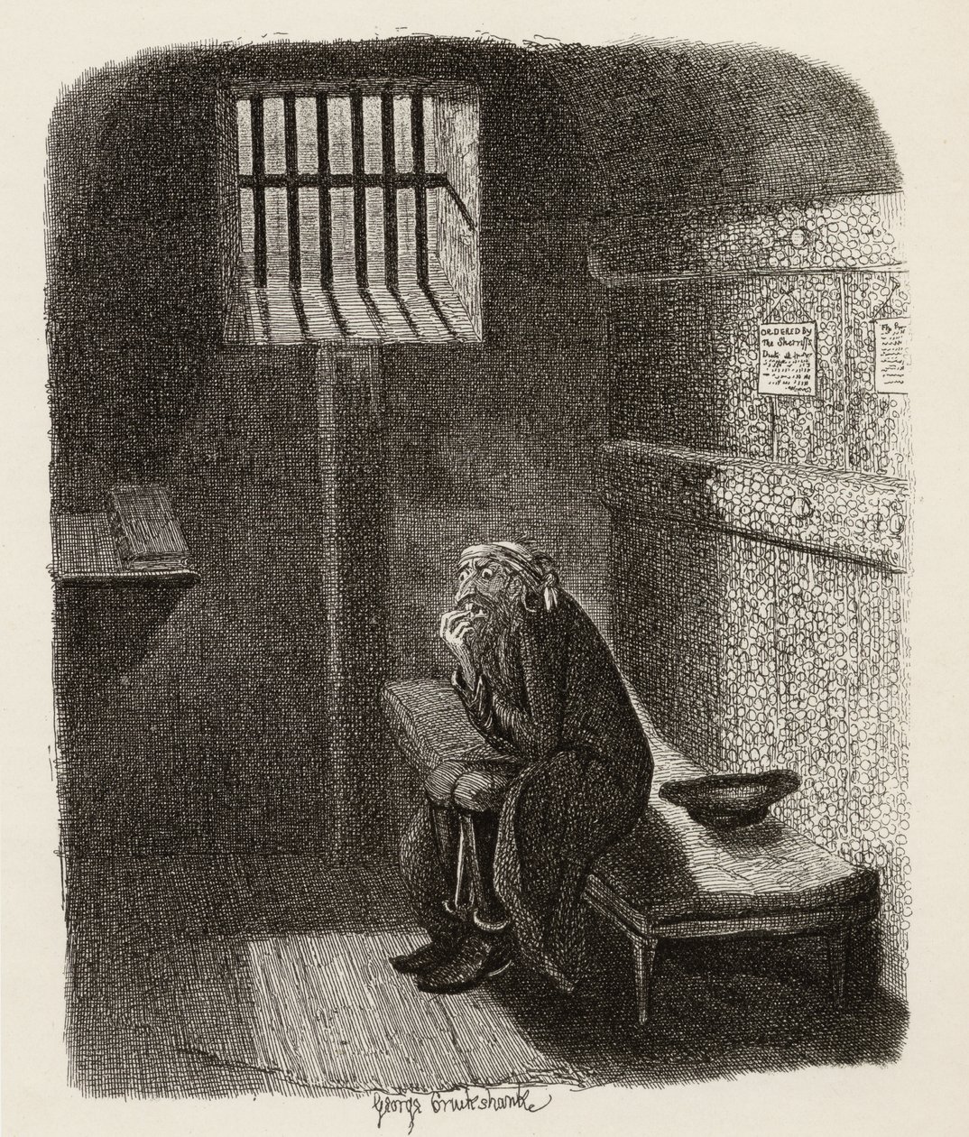 Fagin az elítélt cellában, Charles Dickens (1812-70) „The Adventures of Twist” című könyvéből, 1838, Chapman und Hall, 1901 (metszet) alkotó: George Cruikshank