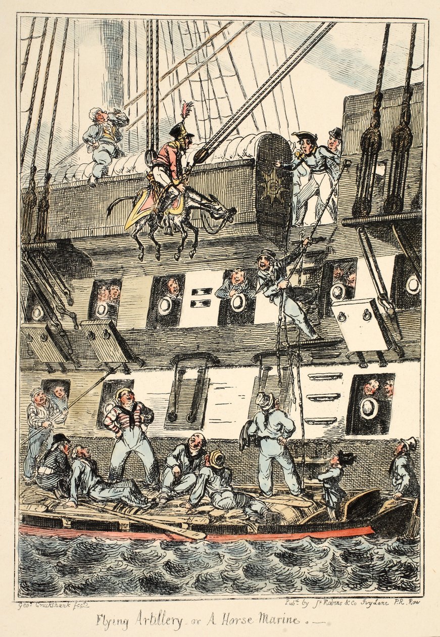 Repülő tüzérség vagy lótengerészgyalogos, a Greenwich Kórházból, Haditengerészeti vázlatok sorozata, Egy háborús ember életének leírása, kocsma. 1826 (kézzel színezett metszet) alkotó: George Cruikshank