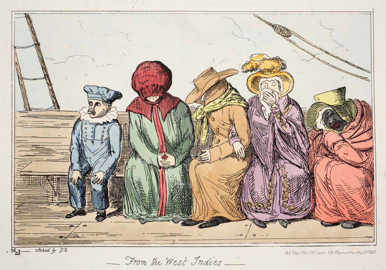 Nyugat-Indiából, pub. 1835 (kézzel színezett rézkarc) alkotó: George Cruikshank