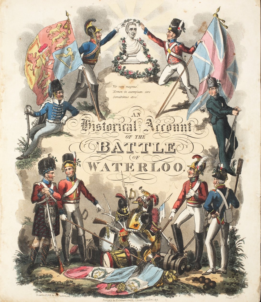 Előlap, "An Historical Account of the Battle of Waterloo", írta William Mudford, metszette Rouse, pub. H. Colburn, 1816 alkotó: George Cruikshank