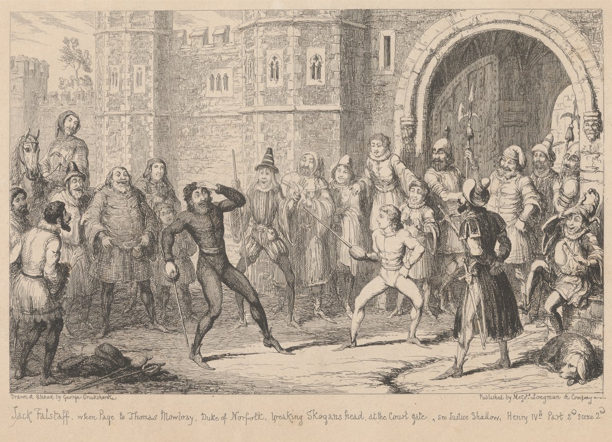 Gloucestershire. Sekély háza előtt: „Henry IV, II. rész”, III. felvonás, II. jelenet alkotó: George Cruikshank
