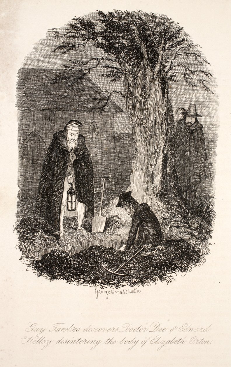 Guy Fawkes felfedezte, hogy Doktor Dee és Edward Kelley feltárják Elizabeth Orton holttestét, Guy Fawkes illusztrációja, avagy a puskaporárulás: történelmi románc, William Harrison Ainsworth, pu. alkotó: George Cruikshank