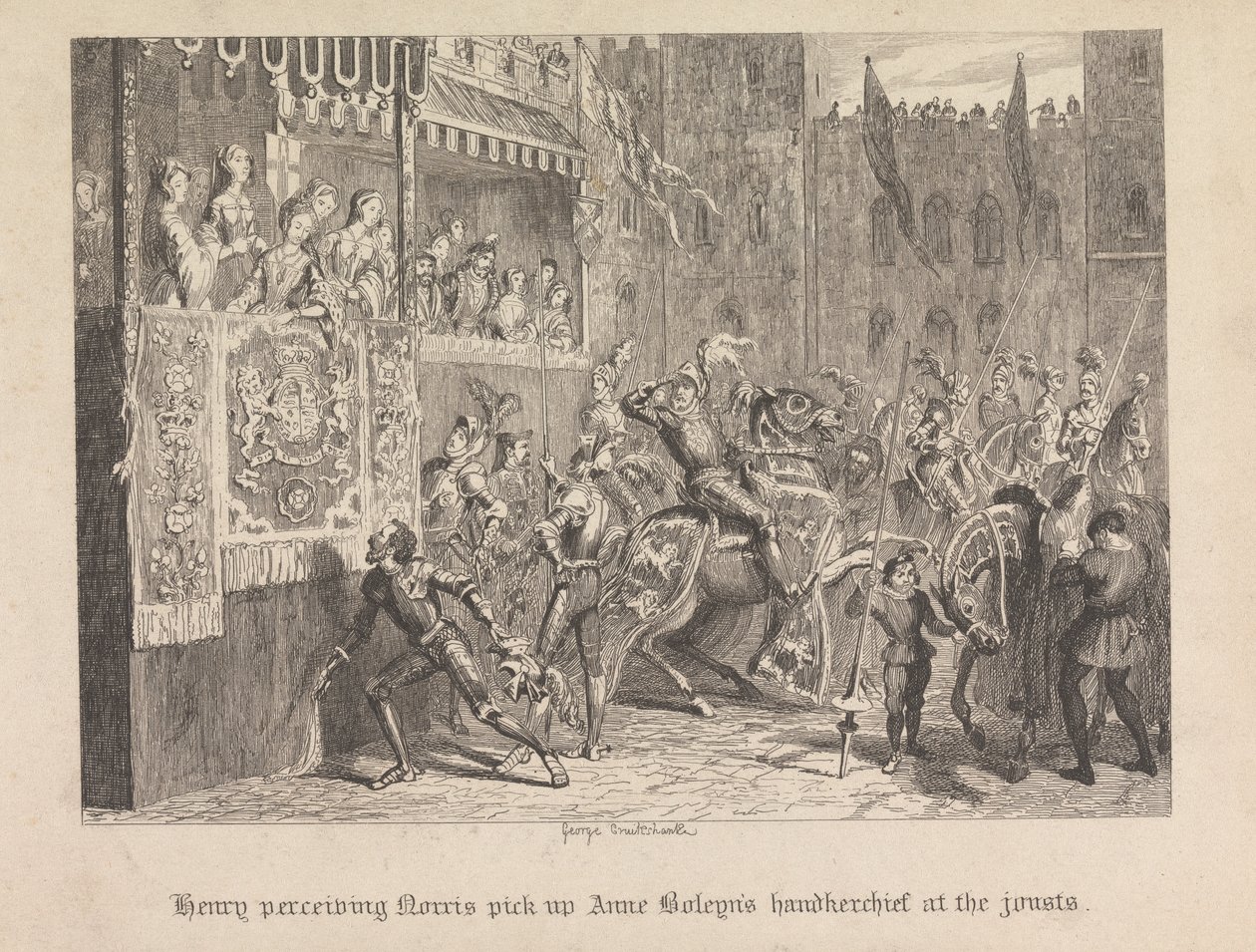 Henry látja, hogy Norris a tornán felveszi Anne Boleyn zsebkendőjét alkotó: George Cruikshank