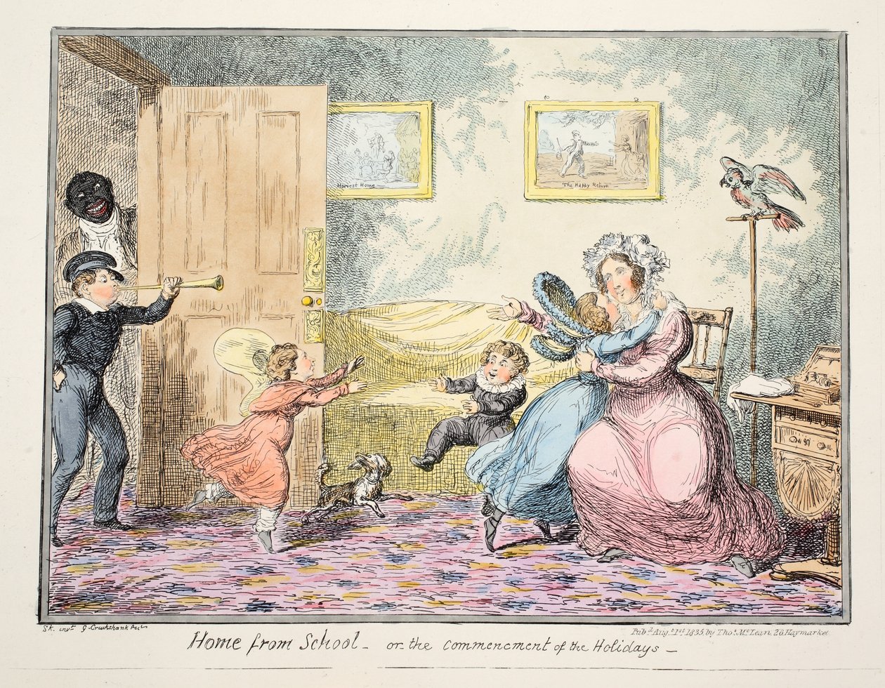 Hazatérés az iskolából vagy a szünidő kezdete pub. 1835 (kézi színes metszet) alkotó: George Cruikshank