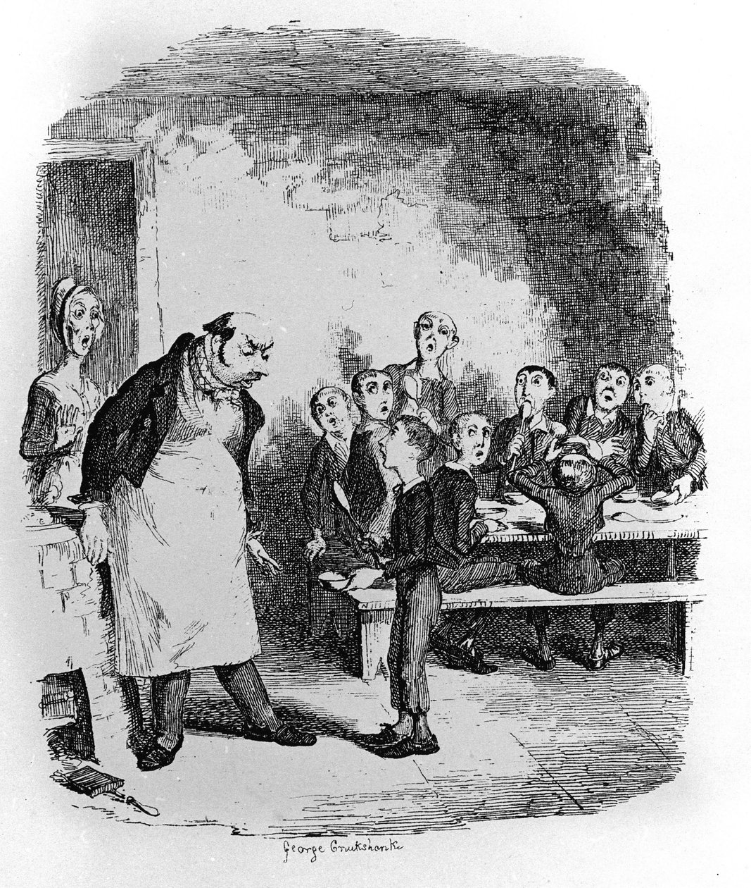 Illusztráció: Charles Dickens (1812-1870), George Cruikshank (1792-1878) „Oliver Twist” (Olivier). alkotó: George Cruikshank