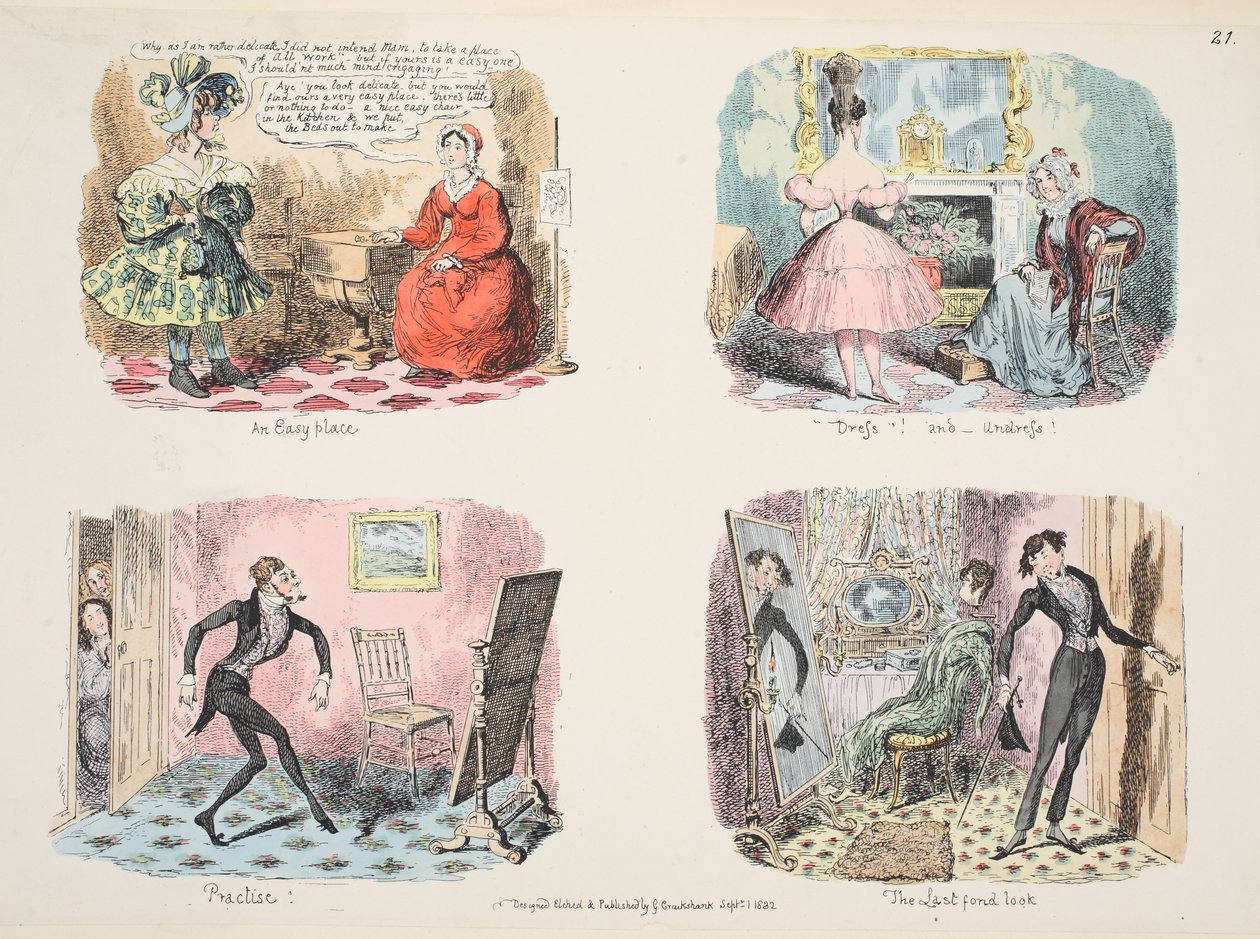 Illusztráció a The Whole Art of Dress vagy az Út az eleganciához és a divathoz, pubból. 1832 (kézzel színezett metszet) alkotó: George Cruikshank