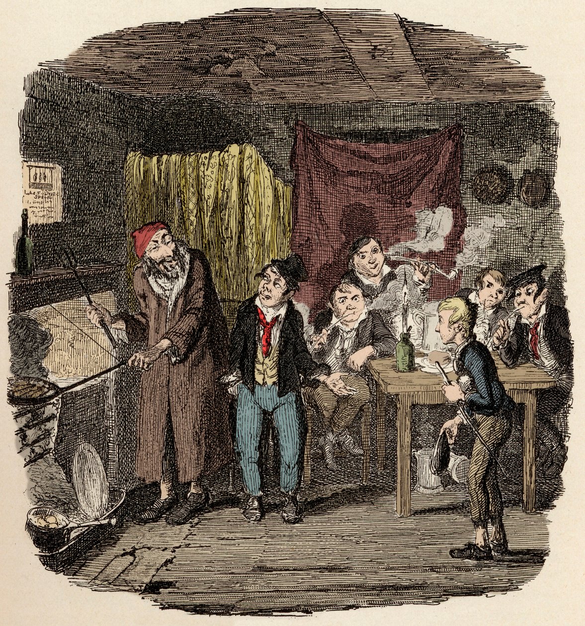 Londonban Jack Dawkins, akit Rókának hívnak, Olivert ajándékozza Faginnak és malfratjainak - Oliver bemutatta a tekintélyes öregúrnak - Illusztráció az „Oliver Twist”-hez (Olivier) (Twist Oliver kalandjai), Charles Dickens (1812-1870) , szerző: Ge alkotó: George Cruikshank