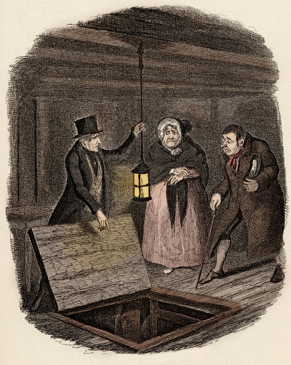 Monsieur Bumble és Madame Corney jelenlétében Monks eltűnteti Oliver Twist medalionját – A bizonyítékok megsemmisültek – Illusztráció az „Oliver Twist” (Oliver) (Twist Oliver kalandjai) című művéhez, Charles Dickens (1812-1870), George Cruikshank ( alkotó: George Cruikshank
