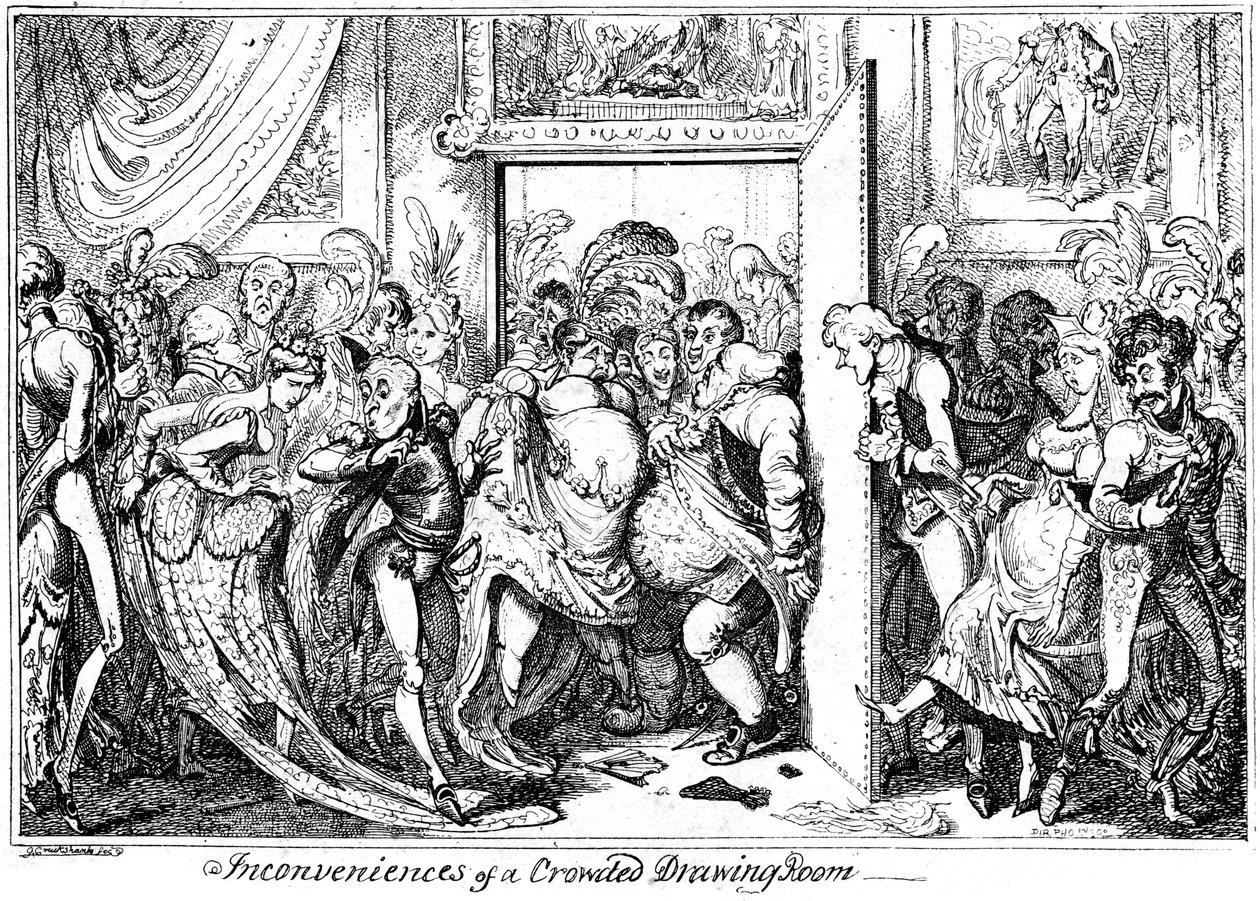Egy zsúfolt szalon kellemetlenségei, 1818. alkotó: George Cruikshank