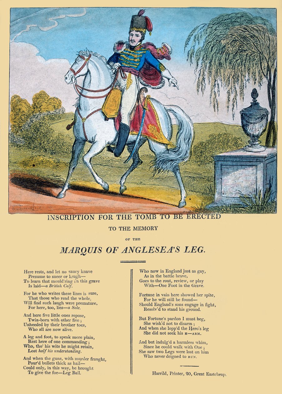 Felirat az Anglesea márki lábának emlékére felállítandó síremlékhez, kiadta R. Harrild, 1815 körül. alkotó: George Cruikshank