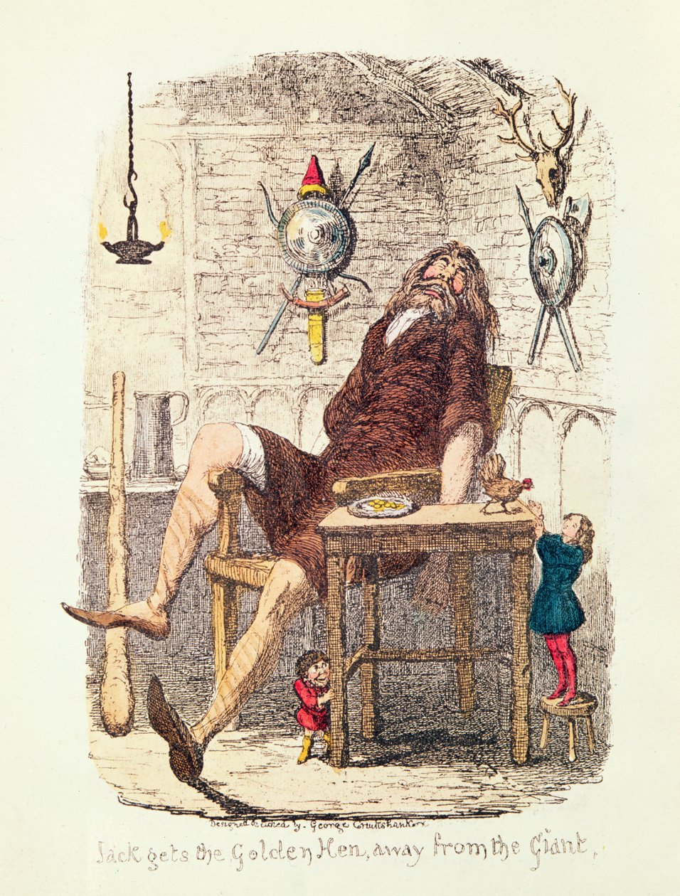 Jack elkapja az arany tyúkot az óriástól (színes litográfia) alkotó: George Cruikshank