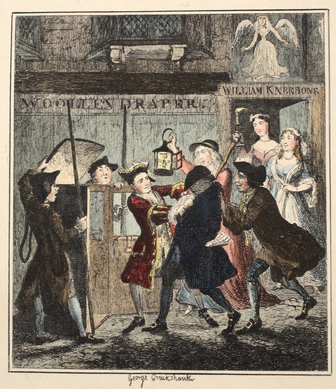 Jack Sheppard Becsapós lövöldözős, illusztráció: Jack Sheppard: A romantika, William Harrison Ainsworth, megjelent 1839-ben (kézzel színes rézkarc) alkotó: George Cruikshank