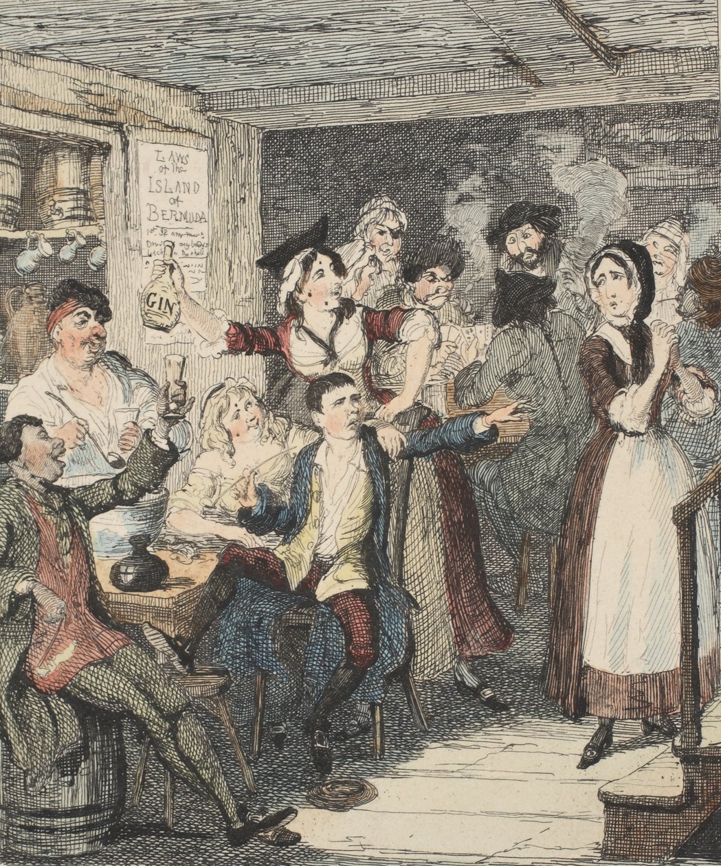 Jack Sheppard berúg, és elparancsolja az anyjának, illusztráció: Jack Sheppard: A románc, William Harrison Ainsworth, 1839-ben (kézzel színes rézkarc) alkotó: George Cruikshank