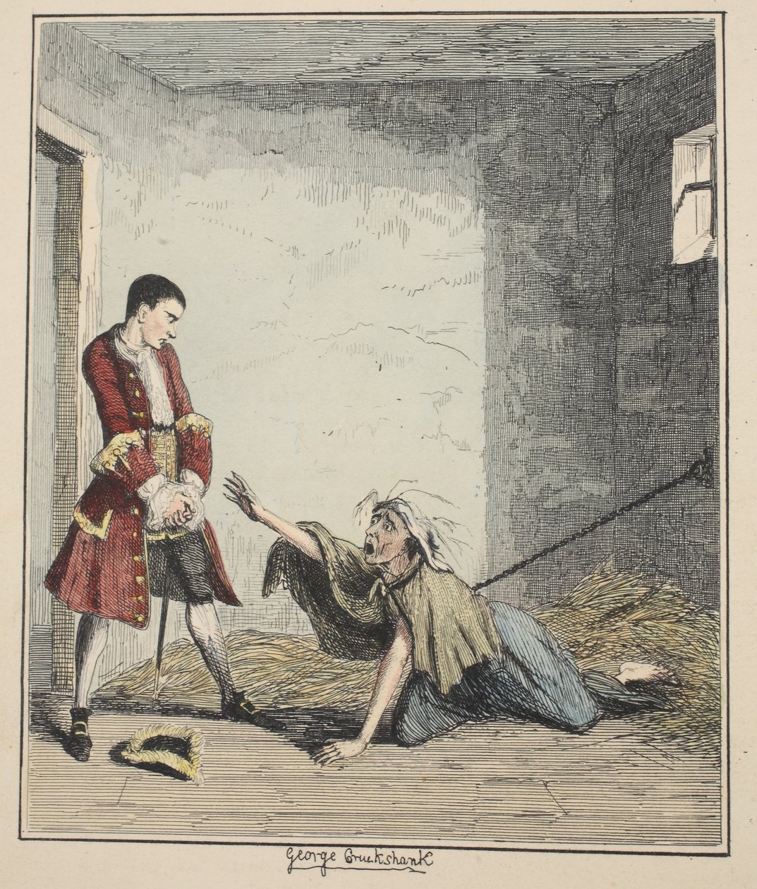 Jack Sheppard meglátogatja anyját Bedlamban, illusztráció: Jack Sheppard: A romantika, William Harrison Ainsworth, megjelent 1839-ben (kézzel színes rézkarc) alkotó: George Cruikshank